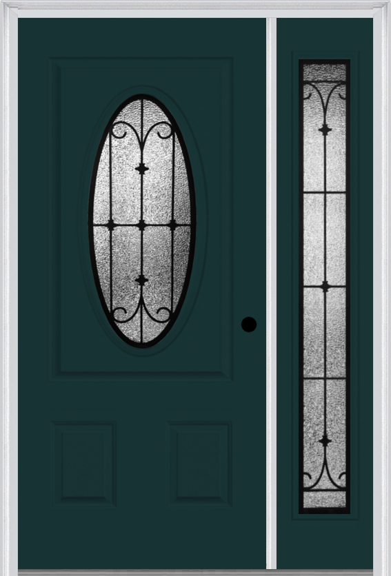 MMI SMALL OVAL 2 PANEL 3'0" X 6'8" FIBERGLASS SMOOTH CHATEAU WROUGHT IRON EXTERIOR PREHUNG DOOR WITH 1 FULL LITE CHATEAU WROUGHT IRON DECORATIVE GLASS SIDELIGHT 949